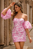 Strapless Floral Textured Pink Cocktail Dress with Puff Sleeves