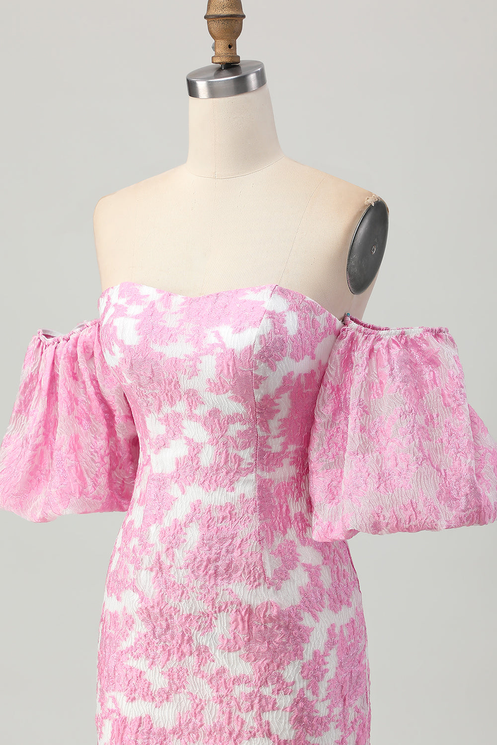 Pink Floral Off the Shoulder Short Prom Dress with Detachable Sleeves