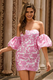 Strapless Floral Textured Pink Cocktail Dress with Puff Sleeves