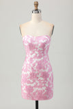 Pink Floral Off the Shoulder Short Prom Dress with Detachable Sleeves