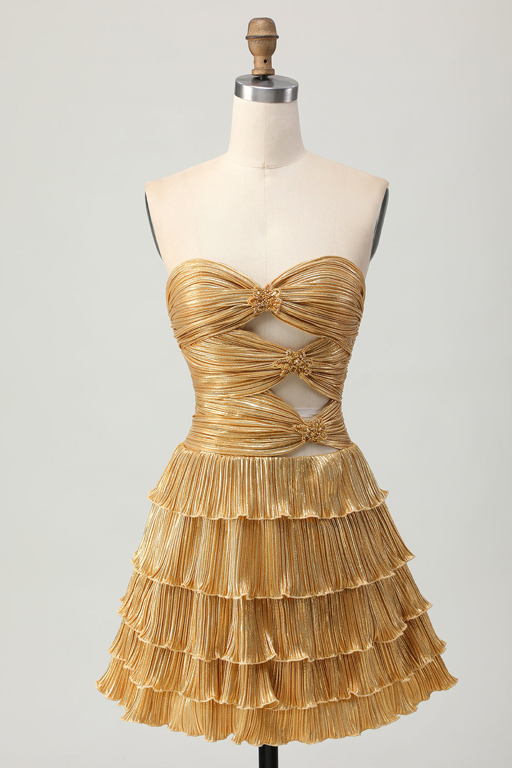 Metallic Golden Strapless Pleated Tiered Short Prom Dress