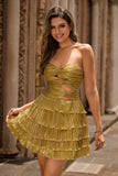 Metallic Golden Strapless Pleated Tiered Short Prom Dress