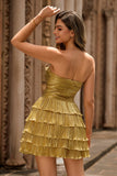 Metallic Golden Strapless Pleated Tiered Short Prom Dress