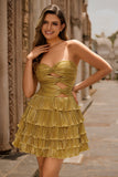 Metallic Golden Strapless Pleated Tiered Short Prom Dress