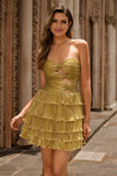 Metallic Golden Strapless Pleated Tiered Short Prom Dress