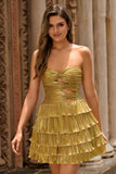 Metallic Golden Strapless Pleated Tiered Short Prom Dress