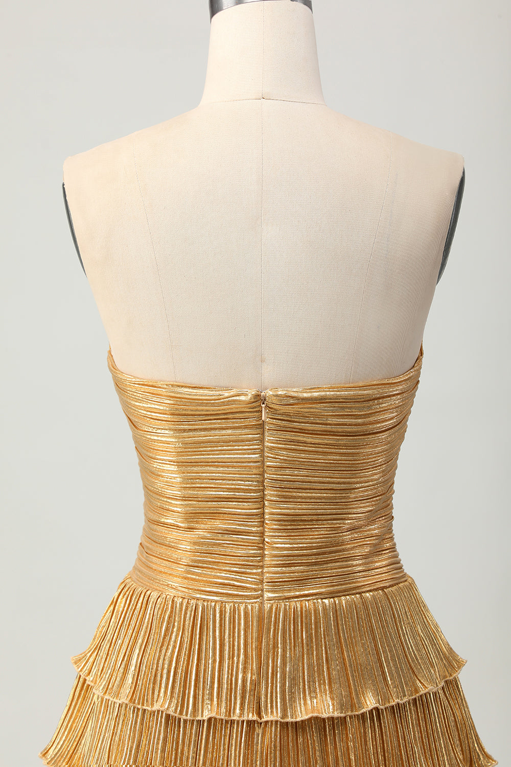Metallic Golden Strapless Cut Out Pleated Tiered Cocktail Dress