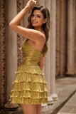 Metallic Golden Strapless Pleated Tiered Short Prom Dress