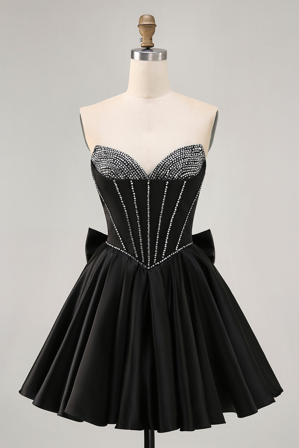 Black A-Line Strapless Beaded Short Prom Dress with Bow
