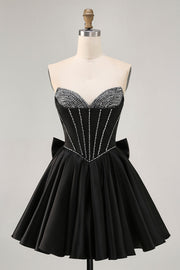 Black A-Line Strapless Beaded Short Prom Dress with Bow
