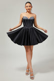 Black A-Line Strapless Beaded Short Prom Dress with Bow