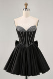 Black A-Line Strapless Beaded Short Prom Dress with Bow