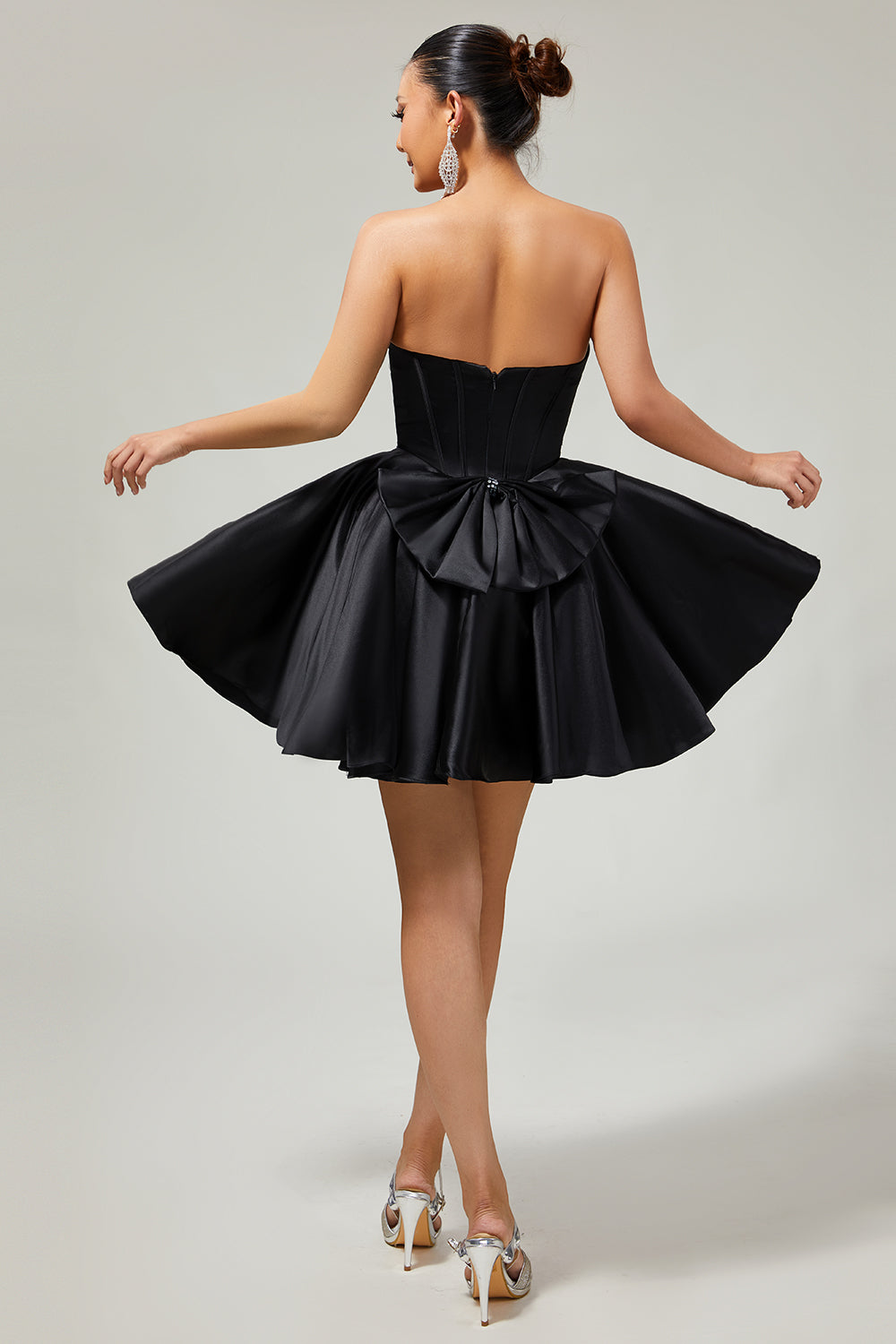 Black A-Line Strapless Beaded Short Prom Dress with Bow