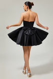 Black A-Line Strapless Beaded Short Prom Dress with Bow