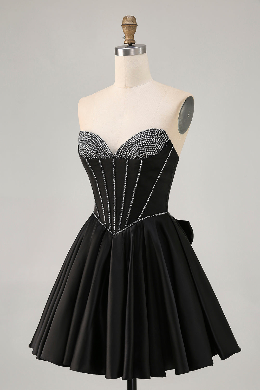 Black A-Line Strapless Beaded Short Prom Dress with Bow