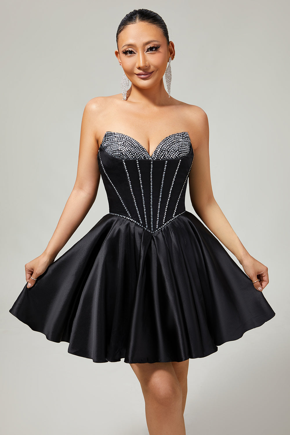 Black A-Line Strapless Beaded Short Prom Dress with Bow