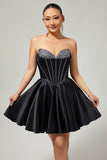Black A-Line Strapless Beaded Short Prom Dress with Bow