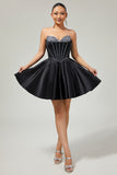 Black A-Line Strapless Beaded Short Prom Dress with Bow