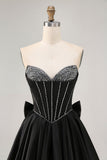 Black A-Line Strapless Beaded Short Prom Dress with Bow