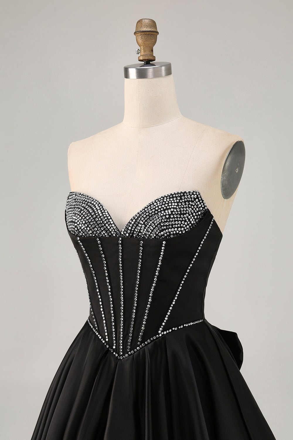 Black A-Line Strapless Beaded Short Prom Dress with Bow