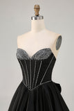 Black A-Line Strapless Beaded Short Prom Dress with Bow