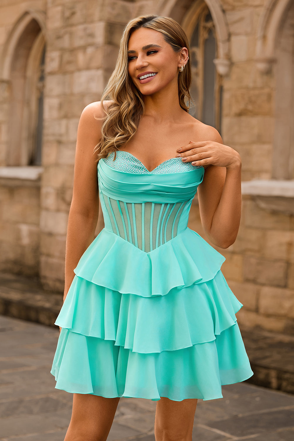 Strapless Corset A Line Green Cocktail Dress with Beading