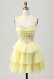 Yellow Strapless Corset A Line Beaded Cocktail Dress