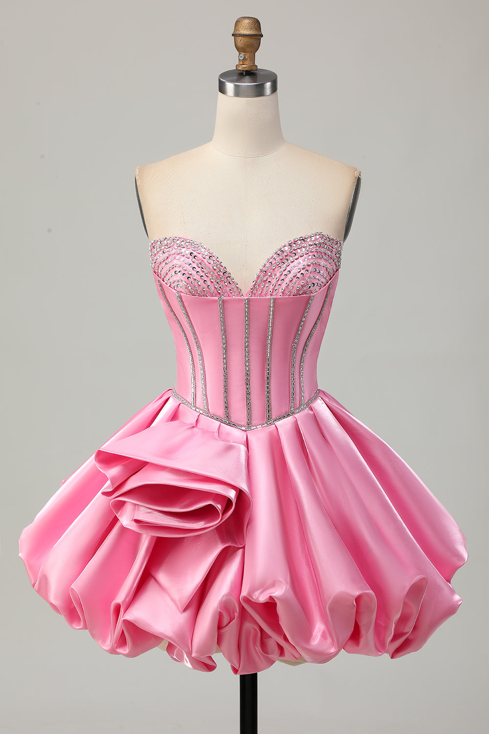 Pink Bodycon Sweetheart Satin Corset Cocktail Dress with Rhinestones