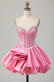 Pink Bodycon Sweetheart Satin Corset Cocktail Dress with Rhinestones