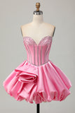 Pink Bodycon Sweetheart Satin Corset Cocktail Dress with Rhinestones