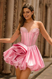 Pink Strapless A Line Corset Beaded Cocktail Dress with Rhinestones
