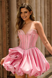 Pink Strapless A Line Corset Beaded Cocktail Dress with Rhinestones
