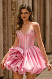 Pink Strapless A Line Corset Beaded Cocktail Dress with Rhinestones