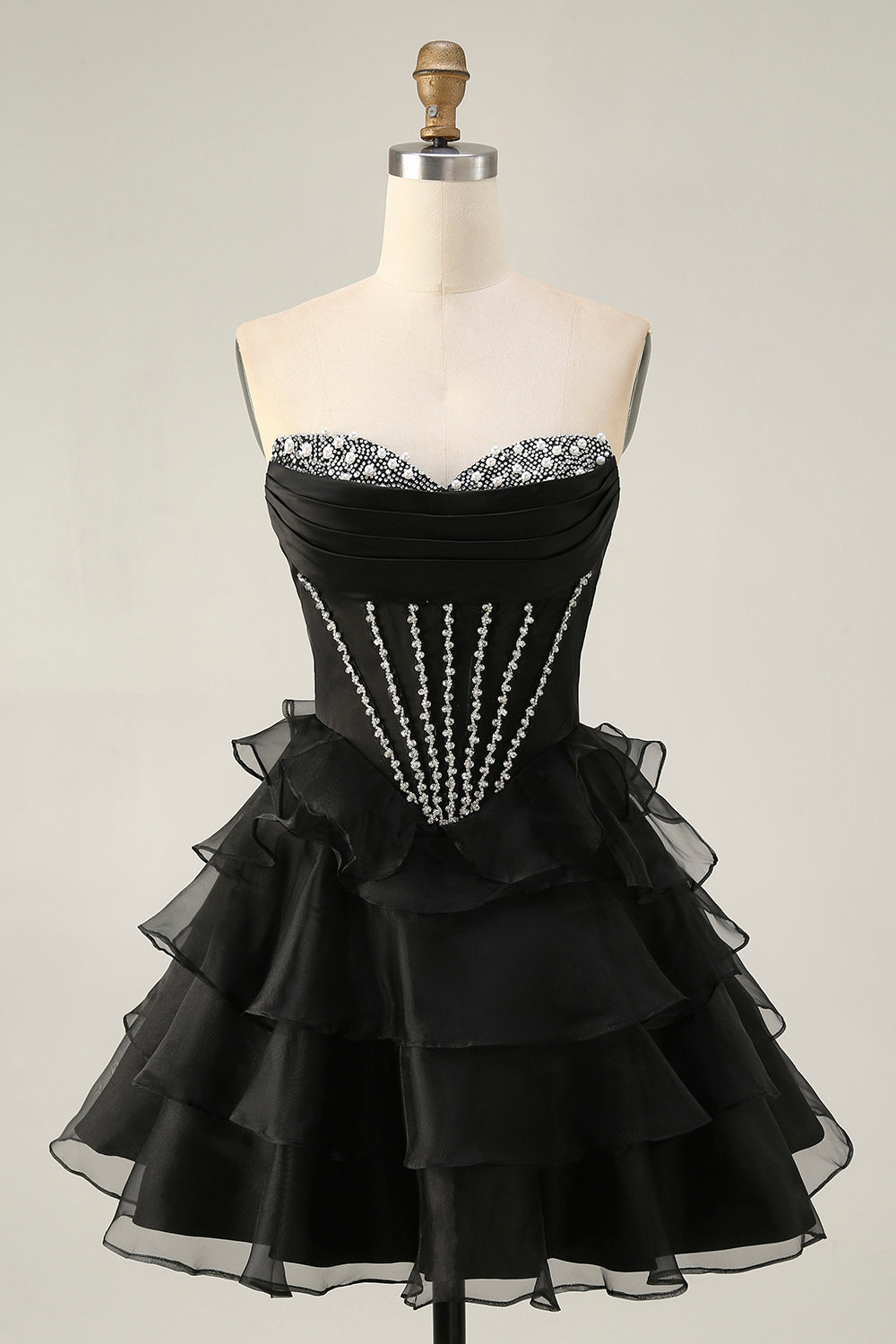 Black Strapless Corset Tiered A Line Short Prom Dress with Beading