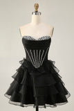 Black Strapless Corset Tiered A Line Short Prom Dress with Beading