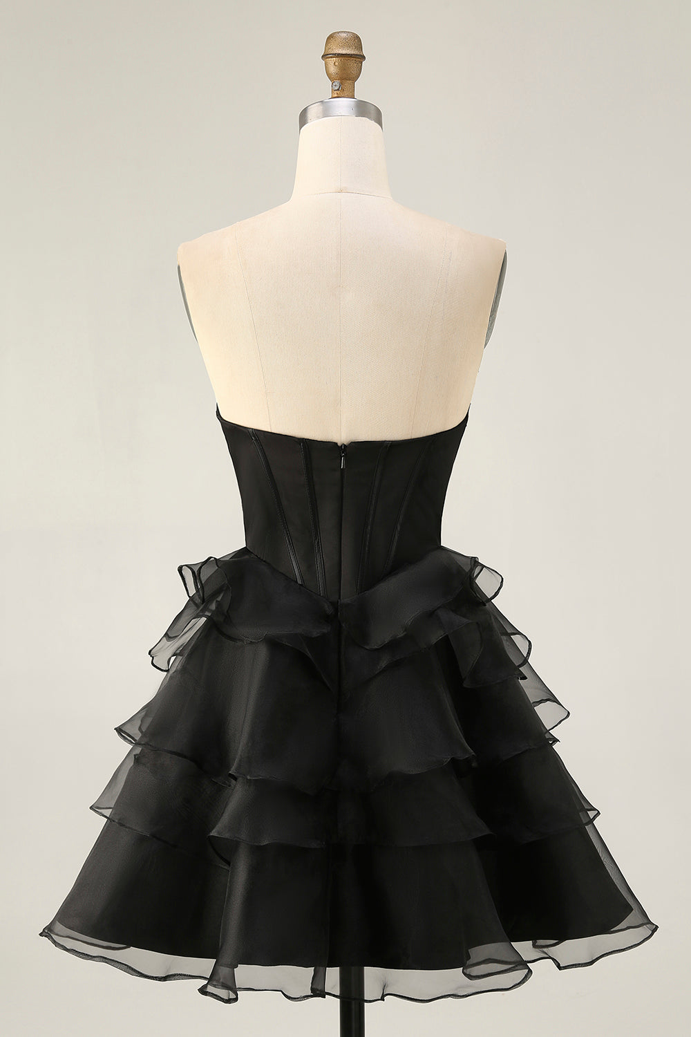 Black Strapless Corset Tiered A Line Short Prom Dress with Beading