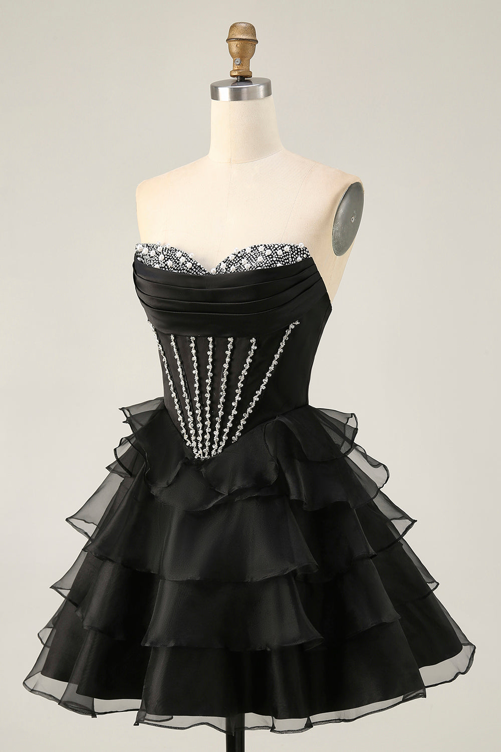 Black Strapless Corset Tiered A Line Short Prom Dress with Beading