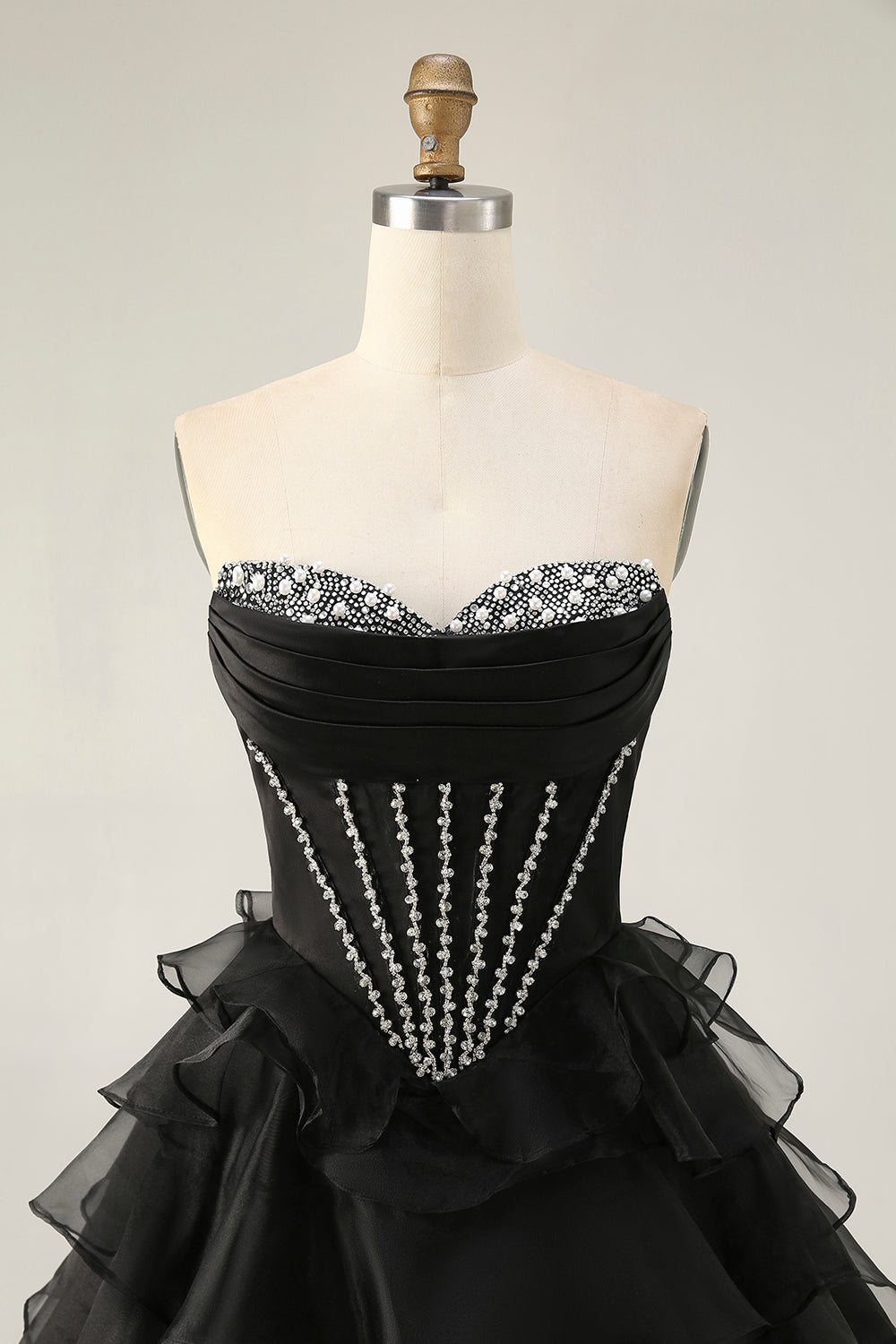 Black Strapless Corset Tiered A Line Short Prom Dress with Beading