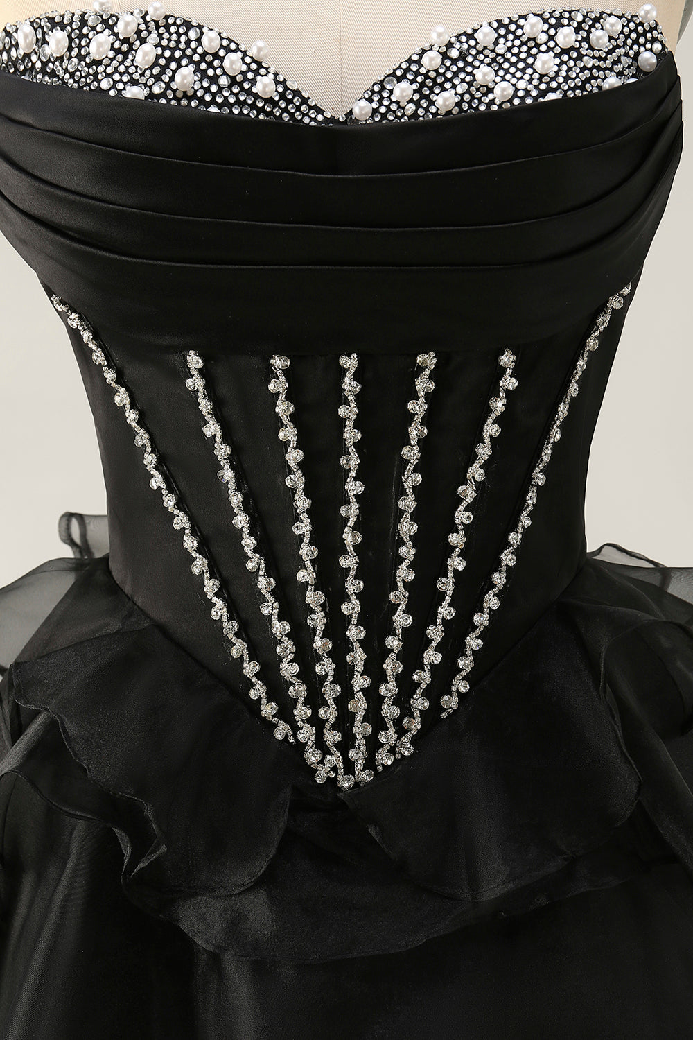 Black Strapless Corset Tiered A Line Short Prom Dress with Beading