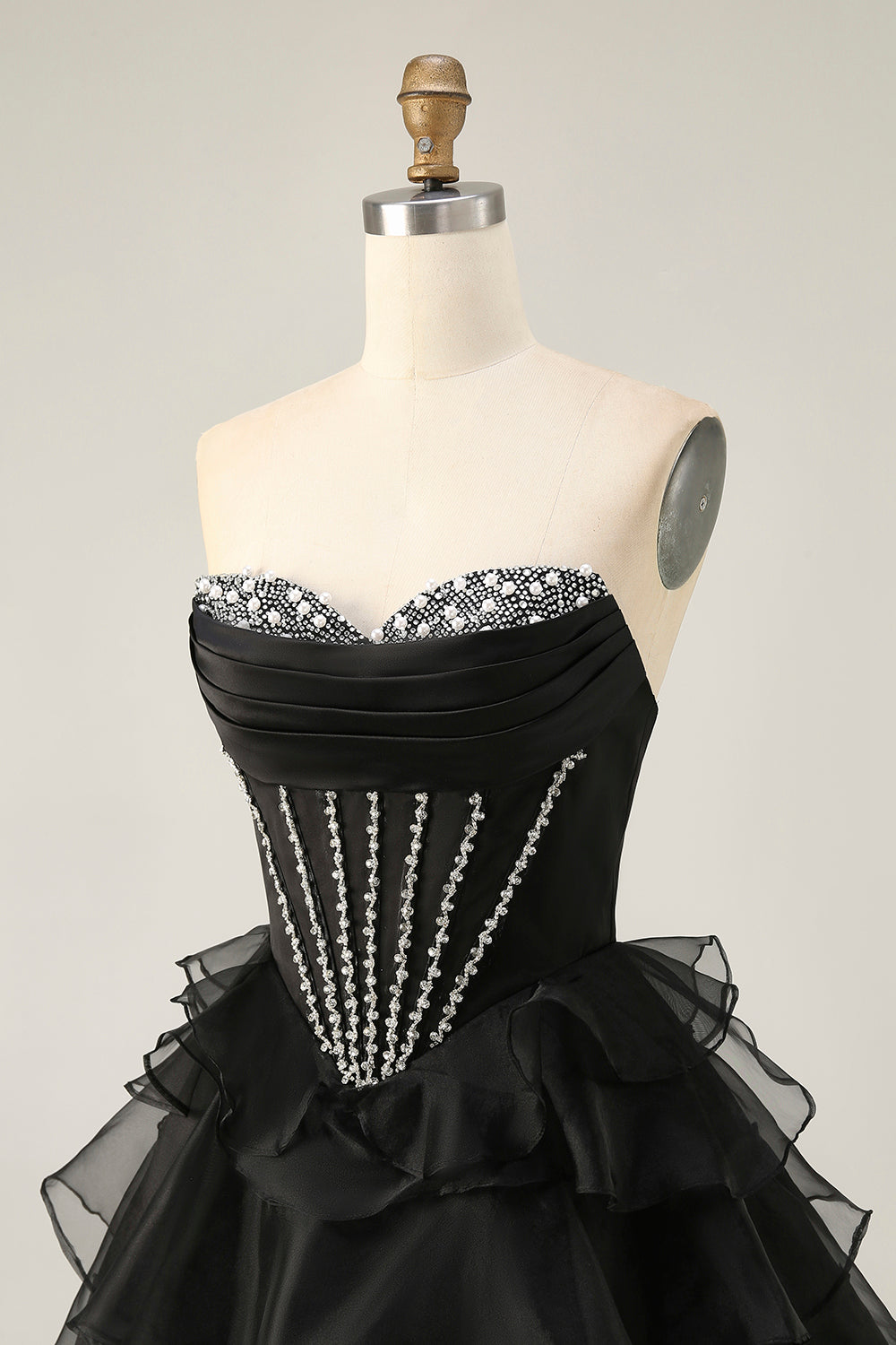 Black Strapless Corset Tiered A Line Short Prom Dress with Beading