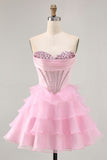 Tiered Beaded A Line Strapless Short Pink Prom Dress