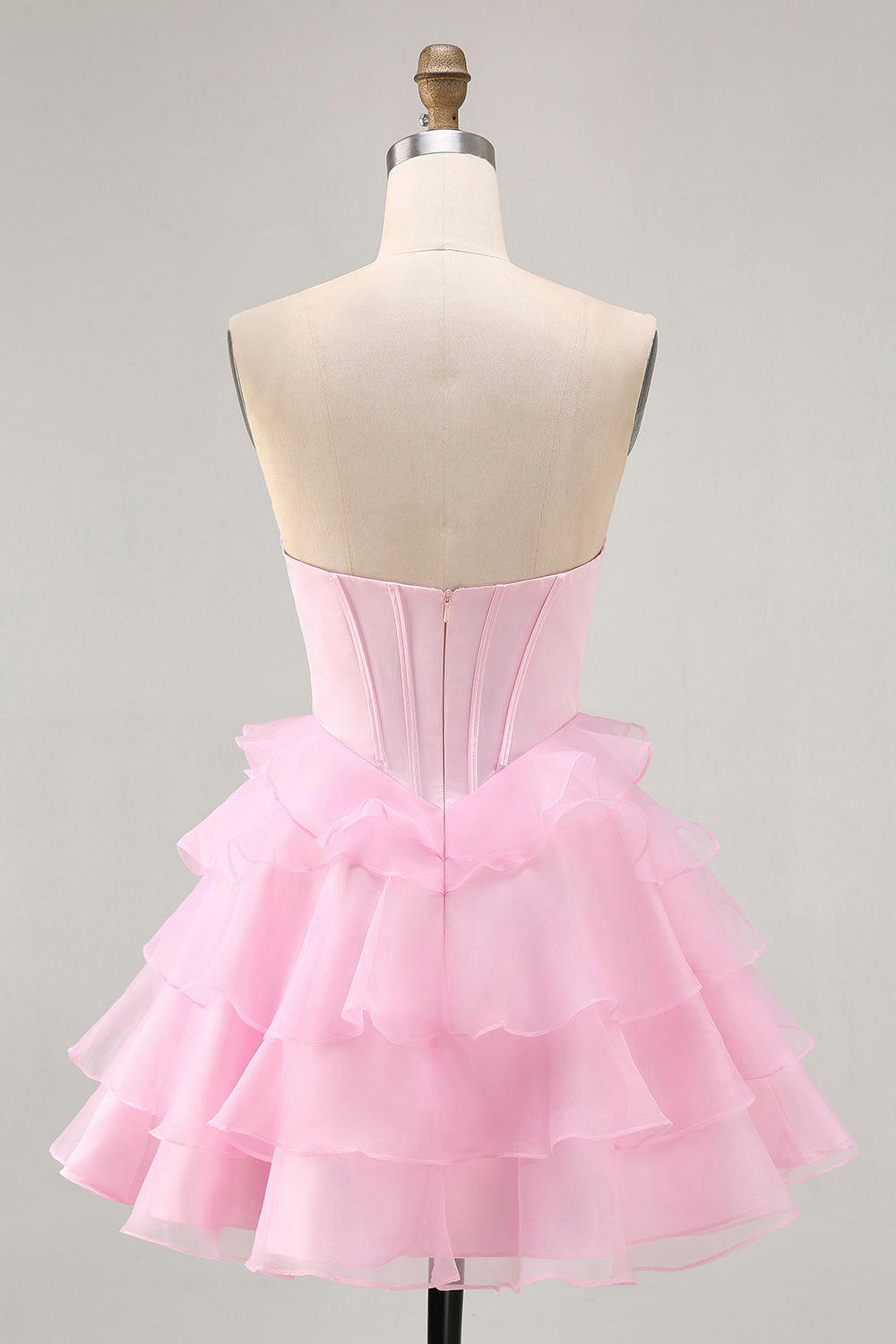 Tiered Beaded A Line Strapless Short Pink Prom Dress