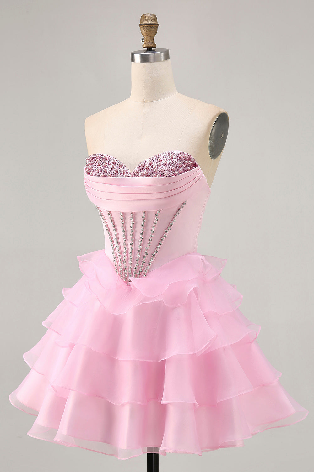 Tiered Beaded A Line Strapless Short Pink Prom Dress