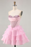 Tiered Beaded A Line Strapless Short Pink Prom Dress