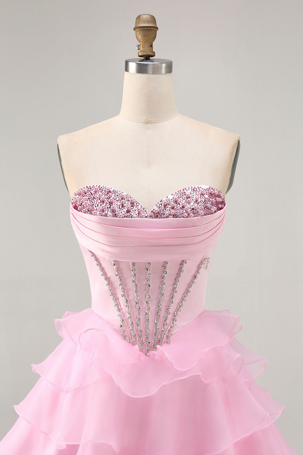 Tiered Beaded A Line Strapless Short Pink Prom Dress