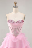 Tiered Beaded A Line Strapless Short Pink Prom Dress