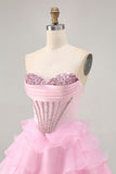 Tiered Beaded A Line Strapless Short Pink Prom Dress