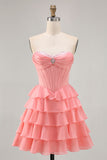 Blush Tiered A Line Strapless Short Prom Dress