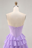 Strapless Purple Tiered Corset A Line Cocktail Dress