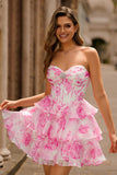 Strapless A-Line Corset Tiered Fuchsia Floral Short Prom Dress